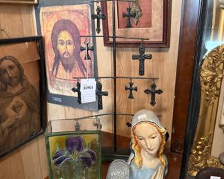 Religious Art, Metal Cross Tree, Viking Glass Mary Figure