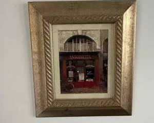 Framed European Café Street Scene Art Print – Rustic Gold Wood Frame, approx. 17” x 14”