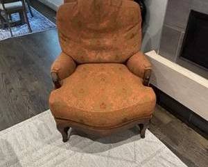 Pair of Vintage Upholstered Armchair Floral Damask Fabric Carved Wood Frame Rolled Arms Accent Chair