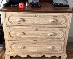 Vintage Distressed 3 Drawer Wood Dresser Chest Carved Shell Pulls Antique Style Cottage Chic