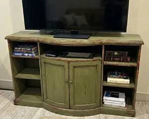 Distressed Olive Green Wooden Media Console Curved Front TV Stand with Shelves and Cabinet Doors