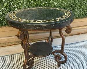 Round Black Stone Top Accent Table w/ Inlaid Border & Scroll Iron Base (Approx. 30” Dia)