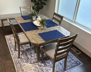 Modern Farmhouse Dining Table Set Geometric Wood Top with 4 Ladder Back Upholstered Chairs