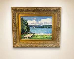Vintage Original Impasto Oil Painting on Canvas - Lake Landscape with Sailboats & Ornate Gold Frame - Signed "Witty"