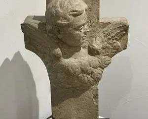 Antique Carved Stone Cherub Fragment Architectural Salvage Cross Relief Sculpture on Stand