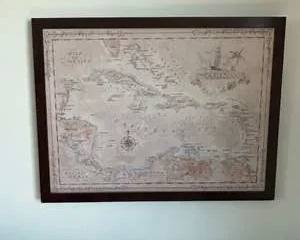 Framed Antique-Style Caribbean Sea Map Wall Art – Decorative Nautical Map