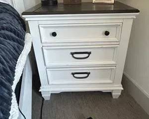 Pair of White Farmhouse Style Wooden Nightstands w/ Dark Wood Tops & Drawers