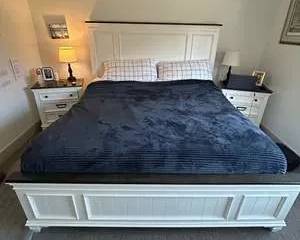 White Wood Panel King Farmhouse Style Bed Frame w/ Dark Wood Top Rail