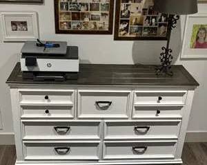 Farmhouse White Solid Wood Dresser with Dark Top 9 Drawer Storage Chest Rustic Country Style