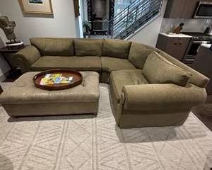 Curved L Shape Sectional Sofa Rolled Arms Nailhead Trim with Large Tufted Ottoman Living Room Set