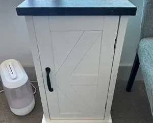 Modern Farmhouse White Nightstand Cabinet w/ Charging Top, 16”x16”x27”