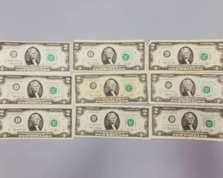 9 $2 Federal Reserve Notes--Great Gifts!!