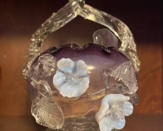 Opaline Glass Basket with raised flowers
