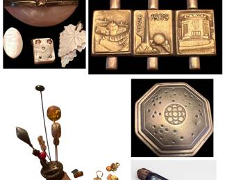 Mother of Pearl, charm, hat pins, art deco compact, perfume vial