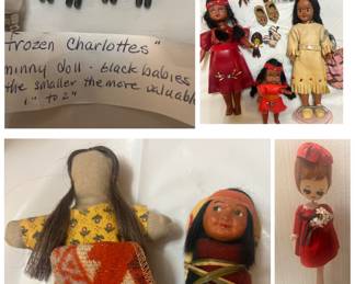 miniature metal frozen Charolette cracker jack toys, bisque kewpie/flapper dolls, Large big eyed Japan doll, Skookum dolls, souvenir dolls and more