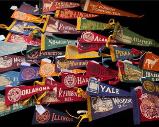 collection of vintage felt pennants, travel and college