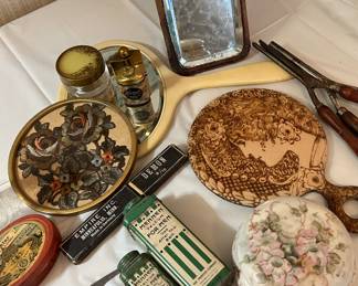 handheld mirrors, vintage tins, vanity misc.