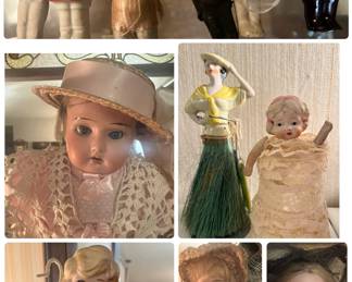 Variety of antique and vintage dolls-Antique German Bisque dolls, Japan Penny dolls, bisque kewpie/frozen Charolette dolls and more