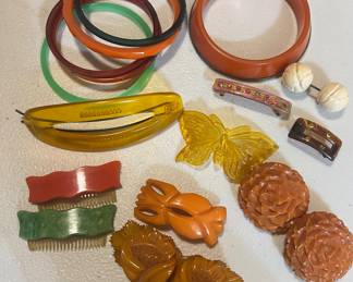 Bakelite and Celluoid jewelry and hair clips