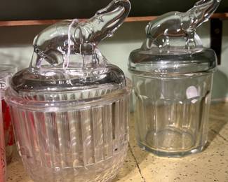Possibly Jeannette Glass Elephant topped powder or candy jars