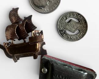 Tynie Toy dollhouse ship, metal crackerjack harmonica, working person's token