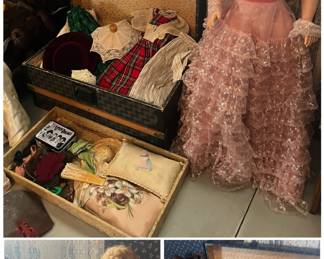 Fashion dolls and truck of vintage doll clothing