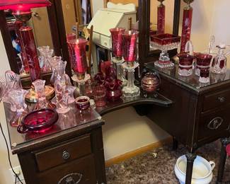 Cranberry Glass Table lamps and crystal collectibles
