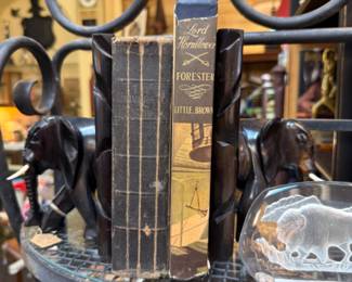vintage books, bookshelf and elephant book ends
