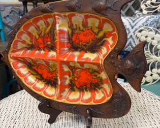 MCM vintage treasure craft fish-shaped serving platter with drip glaze interior