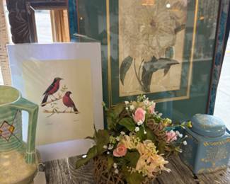 Framed floral art and bird print