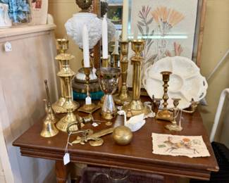Vintage brass candlesticks, antique table