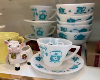 vintage Hazel-Atlas Kitchen Aid turquoise milk glass cups and saucers and bowls