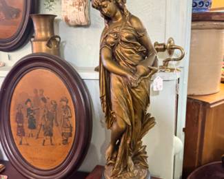 large vintage chalk/plaster gold tone woman figurine