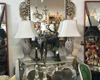 Silvergilt French Console Table, Pair of Painted Pineapple Lamps, Pair of Signed Handpainted Milk Glass Empire-form Lamps, Italian Pottery Fruit Bowl, and more