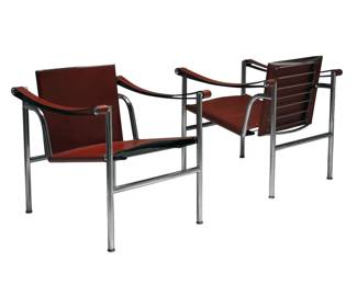 Pair of Le Courbusier Lc1 Black Sling Chairs by Cassina in Burgundy Leather