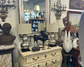 19c Silvergilt Mirror, Painted Commode, Pair of Silver Lobular Lamps, and more