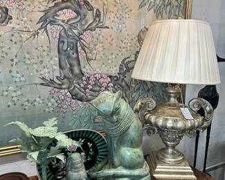 Verdigris Bronze Cat, Silvergilt Urn Lamp, Large Framed Chinese Painting