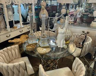 Set of 4 Tufted Velvet Chairs, Chrome McGuire Table, Pair Paul Hansen Columnar Lamps, and more