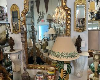 Giltwood Mirror with Ribbon Frame, Whimiscal Palm Tree Lamp, and more