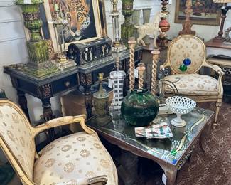 Pair Painted Italian Fauteuils, Vintage Mirrored Coffee Table, and more