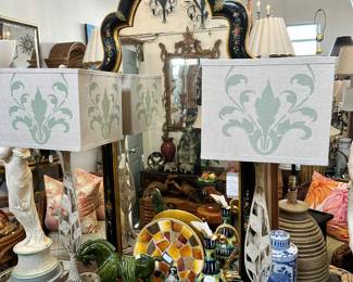 Chinese Lacquer-framed Handpainted Mirror, Pair of Metal Foliate Lamps, and more