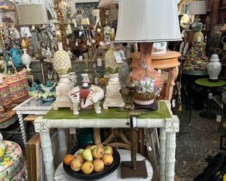 Faux Bamboo Painted Console, Oval Marble Top Faux Bamboo Cocktail Table, Collection of Alabaster Fruits, and more