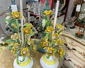 Pair Italian Tole Floral Table Lamps