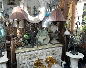 Louis XV-style Painted Window Seat, Urn-form Table, Armillary Lamp, Painted Italian Commode with Faux Top, and more