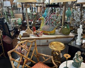 Pair of Chippendale Fretwork Bamboo Armchairs, Painted Directoire-style commode, and more