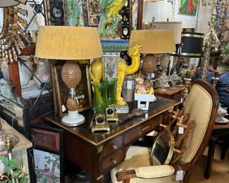 Fine Desk with Brass Accents, Pair of 19c. English Armchairs, Pair of "Briet Bevete" Seltzer Bottle Lamps, and more