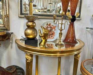 Pair of Giltwood Demilune Consoles with Mirrored Tops