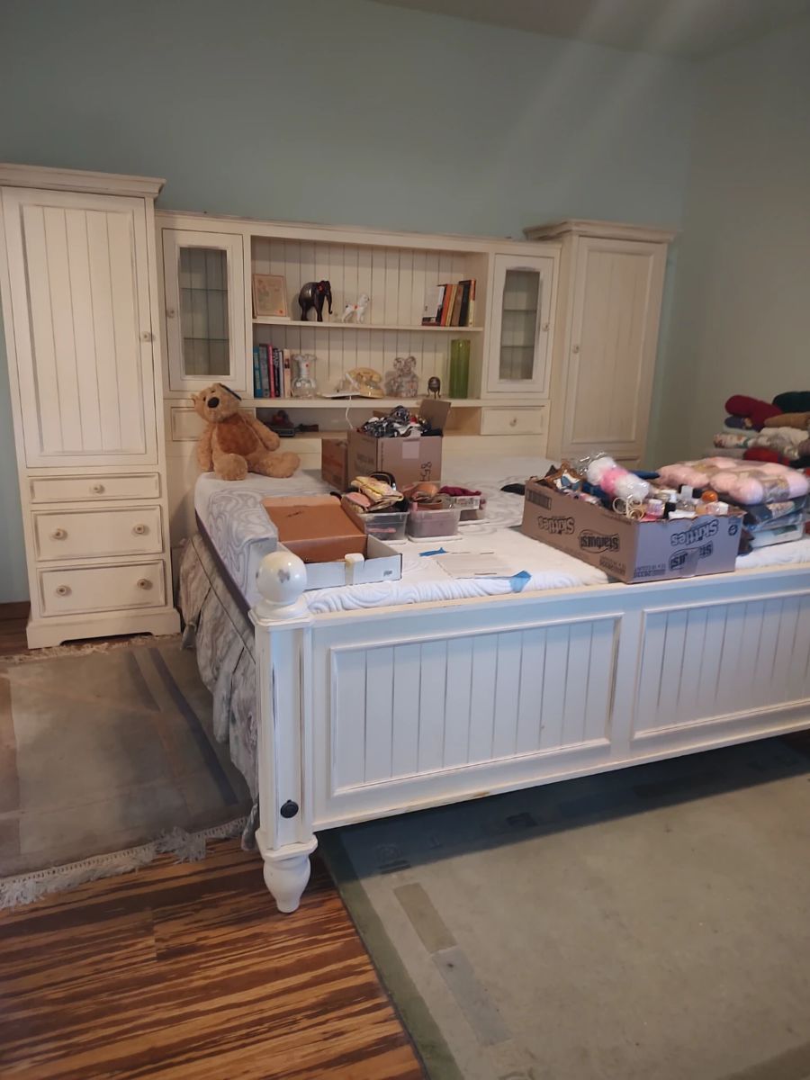 Stunning (and large) shabby chic king bed with bookcase headboard and storage.