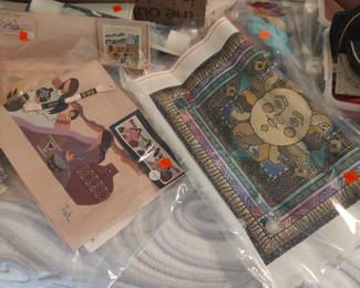 Handpainted needlepoint canvases including ones by Mindy and Tish.  