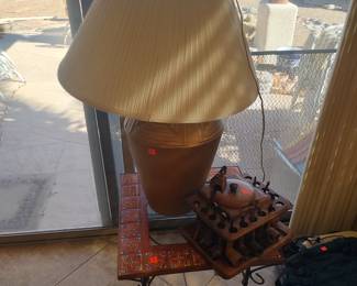 Tile occasional table with wrought iron base.  Large lamp.